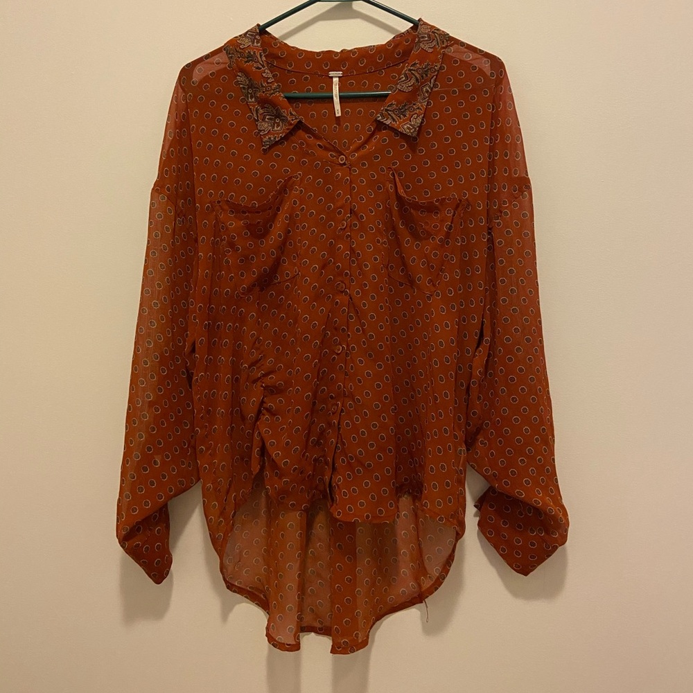 Orange Button-up Patterned Blouse